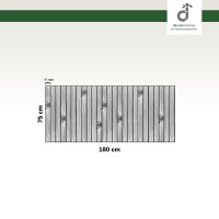 Grafische Darstellung eines 75 × 180 cm großen Küchenläufers aus vertikal angeordneten, grauen Bambusstäben mit sichtbaren Bambusknoten. Die Stegbreite der einzelnen Stäbe beträgt 17 mm. Oben rechts ist das DE-COmmerce-Logo zu sehen.