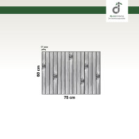 Grafische Darstellung eines 60 × 75 cm großen Küchenläufers aus vertikal angeordneten, grauen Bambusstäben mit sichtbaren Bambusknoten. Die Stegbreite der einzelnen Stäbe beträgt 17 mm. Oben rechts ist das DE-COmmerce-Logo zu sehen.