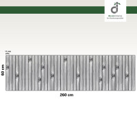 Grafische Darstellung eines 60 × 260 cm großen Küchenläufers aus vertikal angeordneten, grauen Bambusstäben mit sichtbaren Bambusknoten. Die Stegbreite der einzelnen Stäbe beträgt 17 mm. Oben rechts ist das DE-COmmerce-Logo zu sehen.
