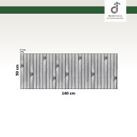 Grafische Darstellung eines 50 × 140 cm großen Küchenläufers aus vertikal angeordneten, grauen Bambusstäben mit sichtbaren Bambusknoten. Die Stegbreite der einzelnen Stäbe beträgt 17 mm. Oben rechts ist das DE-COmmerce-Logo zu sehen.