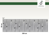 Grafische Darstellung eines 50 × 230 cm großen Küchenläufers aus vertikal angeordneten, grauen Bambusstäben mit sichtbaren Bambusknoten. Die Stegbreite der einzelnen Stäbe beträgt 17 mm. Oben rechts ist das DE-COmmerce-Logo zu sehen.