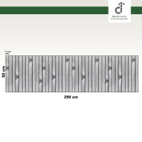 Grafische Darstellung eines 50 × 290 cm großen Küchenläufers aus vertikal angeordneten, grauen Bambusstäben mit sichtbaren Bambusknoten. Die Stegbreite der einzelnen Stäbe beträgt 17 mm. Oben rechts ist das DE-COmmerce-Logo zu sehen.