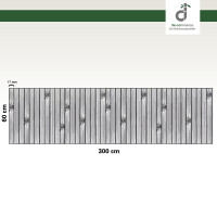 Grafische Darstellung eines 60 × 300 cm großen Küchenläufers aus vertikal angeordneten, grauen Bambusstäben mit sichtbaren Bambusknoten. Die Stegbreite der einzelnen Stäbe beträgt 17 mm. Oben rechts ist das DE-COmmerce-Logo zu sehen.