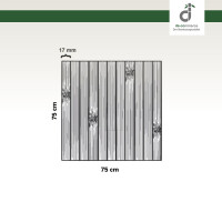 Grafische Darstellung eines 75 × 75 cm großen Küchenläufers aus vertikal angeordneten, grauen Bambusstäben mit sichtbaren Bambusknoten. Die Stegbreite der einzelnen Stäbe beträgt 17 mm. Oben rechts ist das DE-COmmerce-Logo zu sehen.