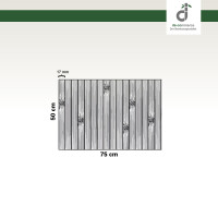 Grafische Darstellung eines 50 × 75 cm großen Küchenläufers aus vertikal angeordneten, grauen Bambusstäben mit sichtbaren Bambusknoten. Die Stegbreite der einzelnen Stäbe beträgt 17 mm. Oben rechts ist das DE-COmmerce-Logo zu sehen.
