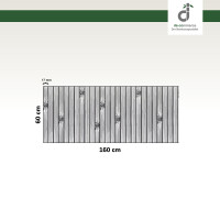 Grafische Darstellung eines 60 × 160 cm großen Küchenläufers aus vertikal angeordneten, grauen Bambusstäben mit sichtbaren Bambusknoten. Die Stegbreite der einzelnen Stäbe beträgt 17 mm. Oben rechts ist das DE-COmmerce-Logo zu sehen.