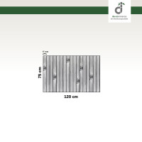 Grafische Darstellung eines 75 × 120 cm großen Küchenläufers aus vertikal angeordneten, grauen Bambusstäben mit sichtbaren Bambusknoten. Die Stegbreite der einzelnen Stäbe beträgt 17 mm. Oben rechts ist das DE-COmmerce-Logo zu sehen.