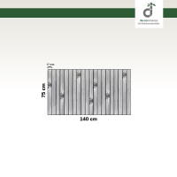 Grafische Darstellung eines 75 × 140 cm großen Küchenläufers aus vertikal angeordneten, grauen Bambusstäben mit sichtbaren Bambusknoten. Die Stegbreite der einzelnen Stäbe beträgt 17 mm. Oben rechts ist das DE-COmmerce-Logo zu sehen.