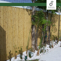 Moderner Außenbereich mit hohem, dunklem Bambus-Windschutzzaun. Im Vordergrund eine quadratische Beton-Feuerstelle auf grauen Steinplatten, links ein hellgraues Sofa mit Holzrahmen vor einer Pflanzwand, oben rechts das DE-COmmerce Logo.