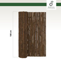 Halb aufgerollter dunkler Bambus-Windschutz-Rollzaun mit einer Höhe von 100 cm vor weißem Hintergrund; oben rechts das Logo von DE-COmmerce.