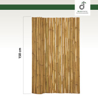 Halb aufgerollter heller Bambus-Windschutz-Rollzaun mit einer Höhe von 150 cm vor weißem Hintergrund; oben rechts das Logo von DE-COmmerce.