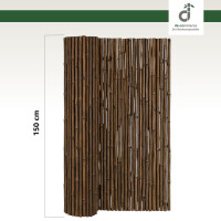 Halb aufgerollter dunkler Bambus-Windschutz-Rollzaun mit einer Höhe von 150 cm vor weißem Hintergrund; oben rechts das Logo von DE-COmmerce.