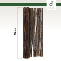 Halb aufgerollter dunkler Bambus-Windschutz-Rollzaun mit einer Höhe von 180 cm vor weißem Hintergrund; oben rechts das Logo von DE-COmmerce.