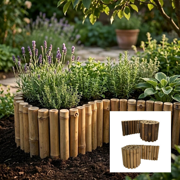 Rundes Blumenbeet im Garten mit Bambus-Beeteinfassung als natürliche Beetumrandung, bepflanzt mit Lavendel, Thymian und weiteren Kräutern; im Hintergrund unscharfer Garten mit Topfpflanze, unten rechts zusätzliche Produktdarstellung der flexiblen Bambus-Rasenkante in zwei Farben.