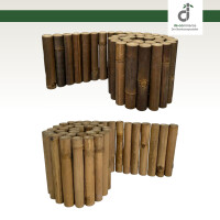 Flexible Bambus-Beeteinfassung in heller und dunkler Ausführung, aufgerollt dargestellt, freigestellt auf weißem Hintergrund mit DE-COmmerce Logo oben rechts.