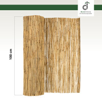 Teilweise abgerollte Schilfrohrmatte aus naturbelassenem Schilf, 100 cm hoch, mit Draht gebunden, vor hellem Hintergrund; oben rechts DE-COmmerce Logo.