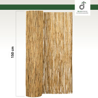 Teilweise abgerollte Schilfrohrmatte aus naturbelassenem Schilf, 100 cm hoch, mit Draht gebunden, vor hellem Hintergrund; oben rechts DE-COmmerce Logo.