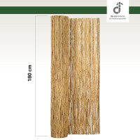 Teilweise abgerollte Schilfrohrmatte aus naturbelassenem Schilf, 180 cm hoch, mit Draht gebunden, vor hellem Hintergrund; oben rechts DE-COmmerce Logo.