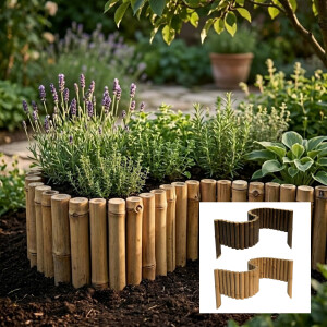 Rundes Blumenbeet im Garten mit Bambus-Beeteinfassung als...