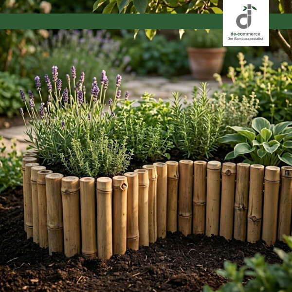 Rundes Blumenbeet im Garten mit Bambus-Beeteinfassung als natürliche Beetumrandung, bepflanzt mit Lavendel, Thymian und weiteren Kräutern; im Hintergrund unscharfer Garten mit Topfpflanze, oben rechts DE-COmmerce Logo.