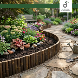 Geschwungenes Blumenbeet im Garten mit dekorativer Bambus-Beeteinfassung entlang eines gepflasterten Gartenwegs, bepflanzt mit bunten Blumen und Stauden; im Hintergrund Holzbank und Pergola; oben rechts das DE-COmmerce Logo.