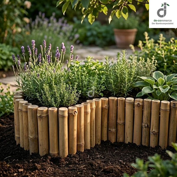 Rundes Blumenbeet im Garten mit Bambus-Beeteinfassung als natürliche Beetumrandung, bepflanzt mit Lavendel, Thymian und weiteren Kräutern; im Hintergrund unscharfer Garten mit Topfpflanze, oben rechts DE-COmmerce Logo.