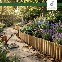 Gepflegtes Gartenbeet mit vielfältigen Blumen und Kräutern, eingefasst von einer geschwungenen Bambus-Beeteinfassung; daneben verläuft ein Steinweg mit Kies, im Hintergrund ein Holzzaun und Sitzbereich; oben rechts das DE-COmmerce Logo.