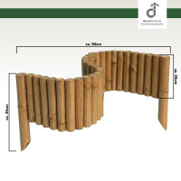Eine flexible Beeteinfassungen aus Bambus in heller Ausführung, leicht geschwungen dargestellt. Die einzelnen Bambuspfosten sind miteinander verbunden und an den Enden mit spitzen Erdspießen versehen. Oben rechts ist das DE-COmmerce Logo.