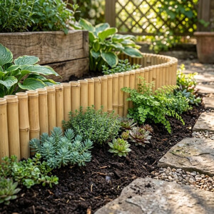 Detailaufnahme einer hellen wellenförmigen Bambus-Beeteinfassung in einem sonnigen Garten. Das Beet ist mit Sukkulenten, Farnen und Bodendeckern bepflanzt, im Hintergrund sind ein Holzelement und ein dekoratives Rankgitter zu sehen.