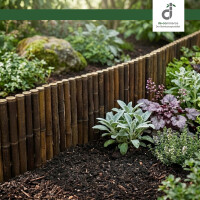 Geschwungene Beetumrandung aus dunklem Bambus, die einen Natursteinpfad von einem üppig bepflanzten Gartenbeet trennt. Im Hintergrund ergänzen ein Gartenteich und ein hölzerner Rosenbogen das natürliche Ambiente, oben rechts das DE-COmmerce Logo.