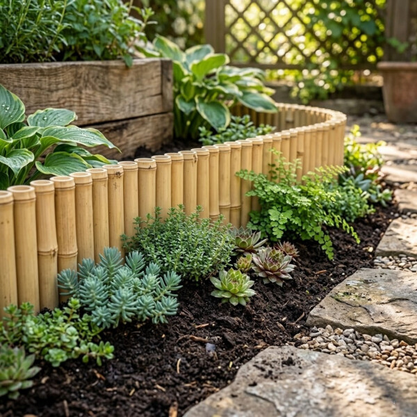 Detailaufnahme einer hellen wellenförmigen Bambus-Beeteinfassung in einem sonnigen Garten. Das Beet ist mit Sukkulenten, Farnen und Bodendeckern bepflanzt, im Hintergrund sind ein Holzelement und ein dekoratives Rankgitter zu sehen.