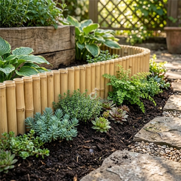 Detailaufnahme einer hellen wellenförmigen Bambus-Beeteinfassung in einem sonnigen Garten. Das Beet ist mit Sukkulenten, Farnen und Bodendeckern bepflanzt, im Hintergrund sind ein Holzelement und ein dekoratives Rankgitter zu sehen.
