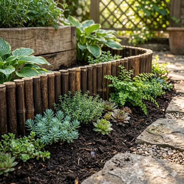 Detailaufnahme einer dunklen Bambus-Beeteinfassung in einem sonnigen Garten. Das Beet ist mit Sukkulenten, Farnen und Bodendeckern bepflanzt, im Hintergrund sind ein Holzelement und ein dekoratives Rankgitter zu sehen.
