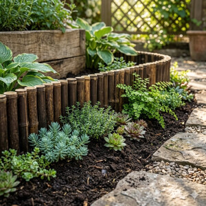 Detailaufnahme einer dunklen Bambus-Beeteinfassung in einem sonnigen Garten. Das Beet ist mit Sukkulenten, Farnen und Bodendeckern bepflanzt, im Hintergrund sind ein Holzelement und ein dekoratives Rankgitter zu sehen.