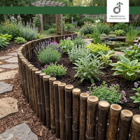 Geschwungene Beetumrandung aus dunklem Bambus, die einen Natursteinpfad von einem üppig bepflanzten Gartenbeet trennt. Im Hintergrund ergänzen ein Gartenteich und ein hölzerner Rosenbogen das natürliche Ambiente, oben rechts das DE-COmmerce Logo.