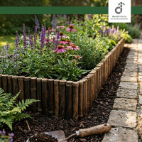 Dekorative Beetumrandung aus dunklem Bambus, die ein blühendes Beet mit Lavendel, Sonnenhut und Kräutern einfasst. Davor verlaufen ein Natursteinweg, auf dem eine Gartenkelle liegt, oben rechts das DE-COmmerce Logo.