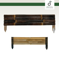 Freisteller einer dunklen Bambus-Beetumrandung mit Ansicht von Vorder- und Rückseite; mehrere waagerecht angeordnete Bambusstäbe mit angespitzten Erdspießen an den Seiten, auf weißem Hintergrund und oben rechts das DE-COmmerce Logo.