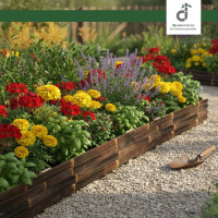 Blühendes Gartenbeet mit roten, gelben und violetten Pflanzen, eingefasst von einer dunklen Bambus-Beetumrandung; daneben liegt eine kleine Handschaufel auf einem Kiesweg; oben rechts das DE-COmmerce Logo.