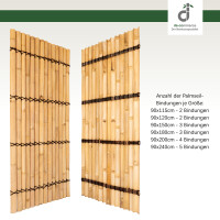 Zwei Bambus-Sichtschutzmatten in natürlicher Optik, jeweils aus vertikal angeordneten Bambusstäben gefertigt und mit dunklen Palmseil-Bindungen fixiert; rechts daneben eine Übersicht der Anzahl der Palmseil-Bindungen je nach Größe; oben rechts das DE-COmmerce Logo.