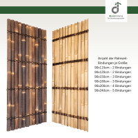 Zwei dunkle Bambus-Sichtschutzmatten in natürlicher Optik, jeweils aus vertikal angeordneten Bambusstäben gefertigt und mit dunklen Palmseil-Bindungen fixiert; rechts daneben eine Übersicht der Anzahl der Palmseil-Bindungen je nach Größe; oben rechts das DE-COmmerce Logo.