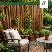 Gemütliche Gartenecke mit einem Bambus-Rollzaun als Sichtschutz, Holzsessel mit hellen Kissen, kleinem Beistelltisch und mehreren Topfpflanzen vor üppigem Grün; oben rechts das DE-COmmerce Logo.