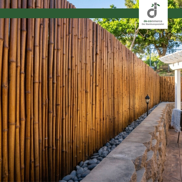 Ein langer Sichtschutzzaun aus dicht aneinandergereihten Bambusrohren verläuft entlang einer schmalen Steinmauer; daneben liegen dekorative Kieselsteine, und im Hintergrund sind grüne Bäume sowie ein sonniger Himmel zu sehen. Oben Hinweisbanner mit „Achtung! HÖHE: 250 cm“ und DE-COmmerce-Logo. Unten rechts schematische Zeichnung mit Maßangaben.