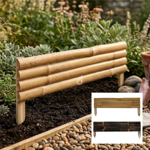 Bambus-Beetumrandung aus hellen Bambusspalten, im Garten...