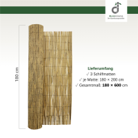 Collage mit vier Einsatzbereichen einer Schilfmatte: als natürlicher Sichtschutz entlang eines Gartenwegs, als Wandverkleidung auf einer Holzterrasse, als dekorativer Terrassensichtschutz mit Lichterkette und als Sichtschutz am Balkongeländer; oben rechts das DE-COmmerce Logo.