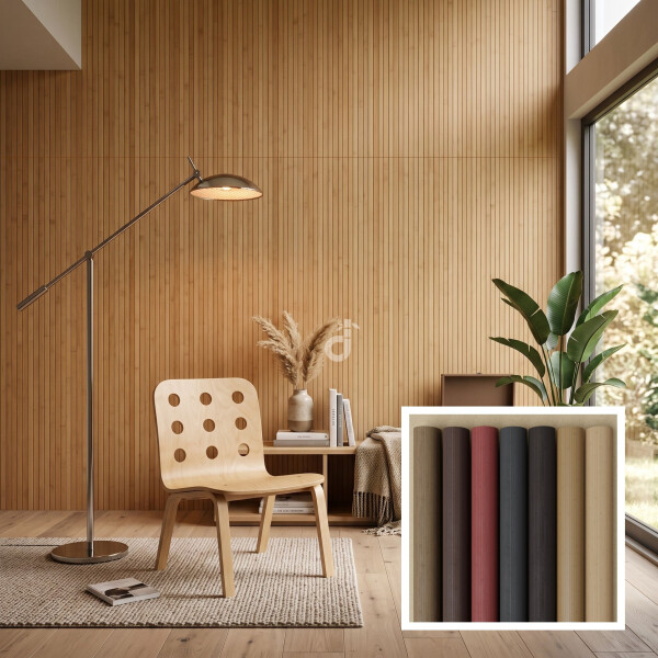Moderner Bambus-Wandbelag in warmem Naturton als stilvolle Wandgestaltung im Wohnzimmer, harmonisch kombiniert mit natürlichen Materialien, einem Holzstuhl, einer Stehlampe, einem Sideboard und einer üppigen Zimmerpflanze; unten rechts im Bild sind die verschiedene Farbvarianten des Wandbelags zu sehen.