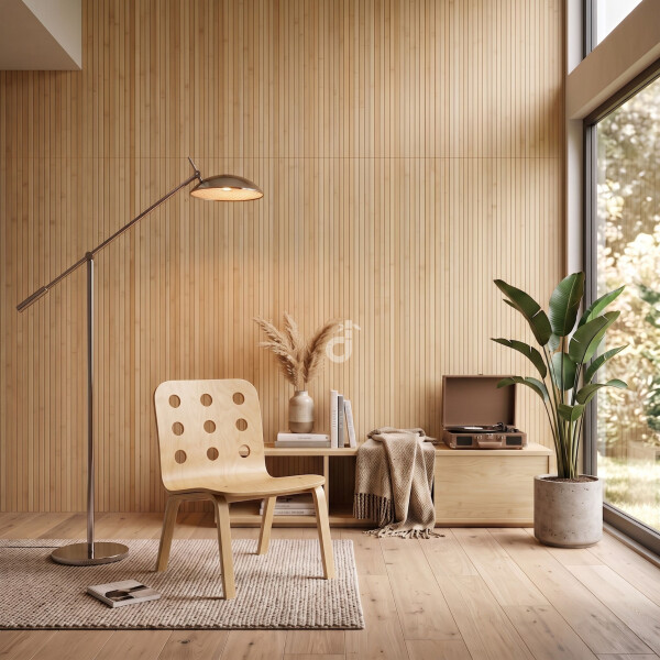 Moderner Bambus-Wandbelag in hellem Bambuston als stilvolle Wandgestaltung im Wohnzimmer, harmonisch kombiniert mit natürlichen Materialien, einem Holzstuhl, einer Stehlampe, einem Sideboard und einer üppigen Zimmerpflanze.