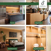 Collage mit vier stilvollen Innenräumen, die Bambus-Wandverkleidungen zeigen: eine moderne Küche, ein Café-Ausbau, ein gemütliches Schlafzimmer und ein eleganter Bambus-Kleiderschrank; oben rechts das DE-COmmerce Logo.