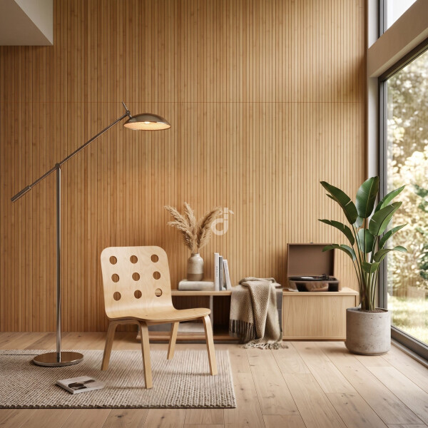 Moderner Bambus-Wandbelag in Naturton als stilvolle Wandgestaltung im Wohnzimmer, harmonisch kombiniert mit natürlichen Materialien, einem Holzstuhl, einer Stehlampe, einem Sideboard und einer üppigen Zimmerpflanze.