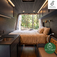 Gemütlicher Campervan mit stahlgrauem Bambus-Wand- und Deckenbelag, Doppelbett und kompakter Küche; durch die geöffneten Hecktüren fällt der Blick in einen grünen Wald. Eine Grafik weist auf das geringe Gewicht des Wandbelags von ca. 1,70 kg/m² hin, oben rechts das DE-COmmerce Logo.