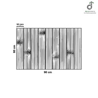 Technische Darstellung eines Bambusteppichs mit extra breiten, 50 mm starken Bambuslamellen und den Maßen 60 × 90 cm. Die Skizze zeigt die natürliche Struktur und Anordnung der einzelnen Bambusstege; oben rechts DE-COmmerce-Logo.